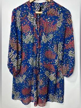 Bellatrix Blue Floral Tie-Neck Long Sleeve Tunic